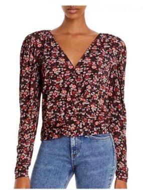 EUC SZ L Ramy Brook Ivanna Jersey Black and Floral V neck Cross Front Blouse